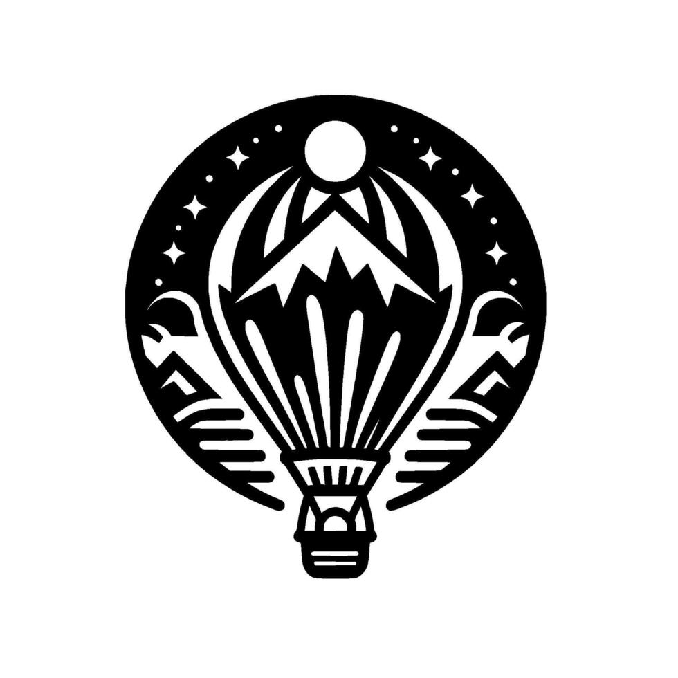 Stylized black and white emblem, depicting a hot air balloon soaring over a mountain range at night, framed within a circle of stars and sun. vector