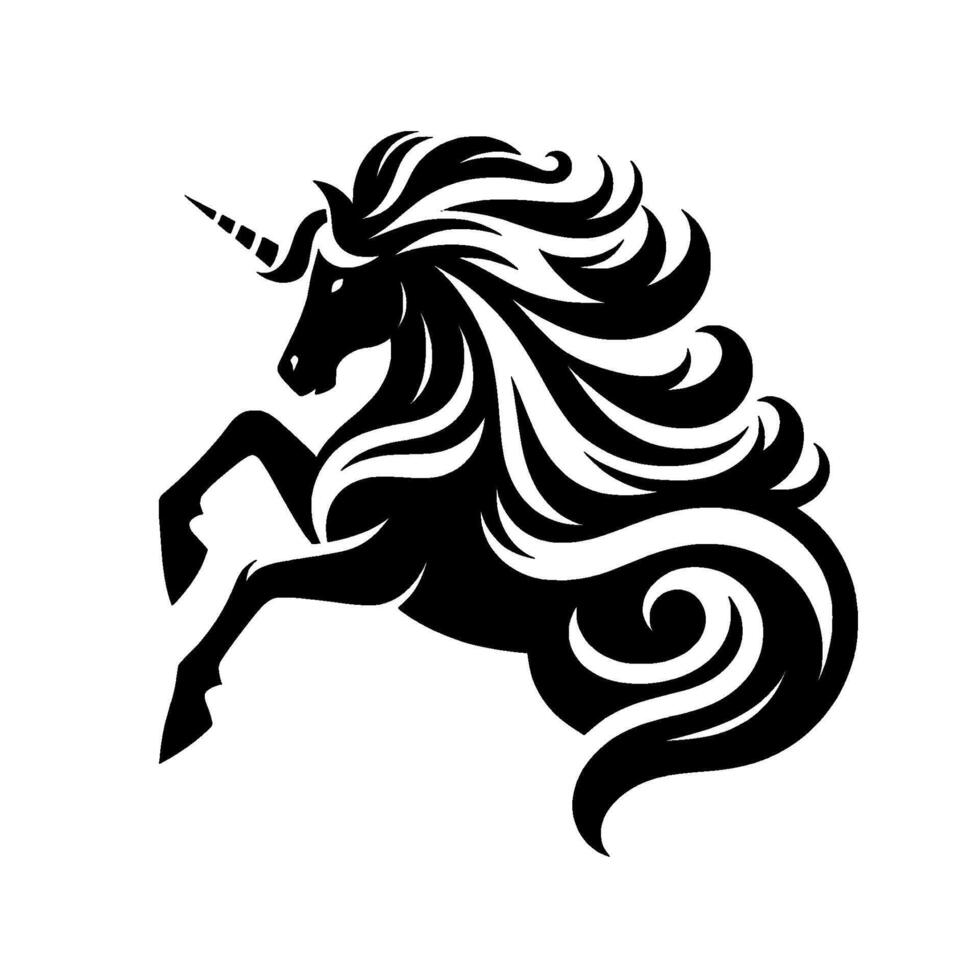 Regal Black and White Unicorn in Prancing Pose, Featuring Flowing Mane, Horn, Emblematic . vector