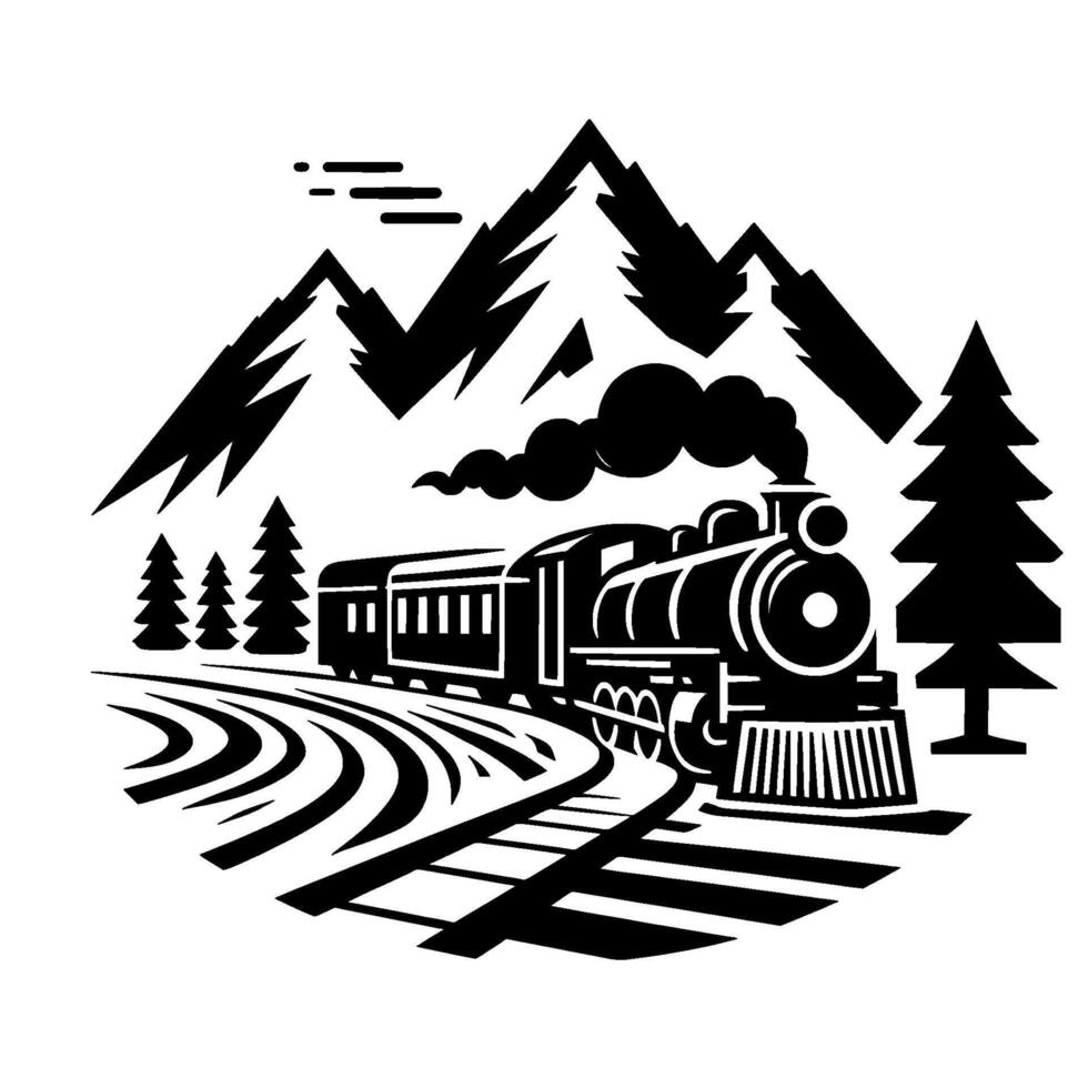 Black and White Illustration Steam Train Journeying Through a Mountainous Forest Landscape vector