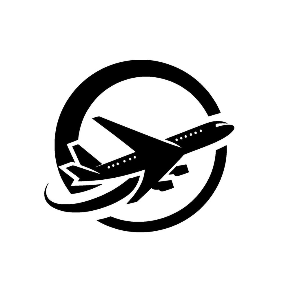 A minimalist black and white featuring a stylized airplane inside a circular frame, representing air travel and aviation. vector