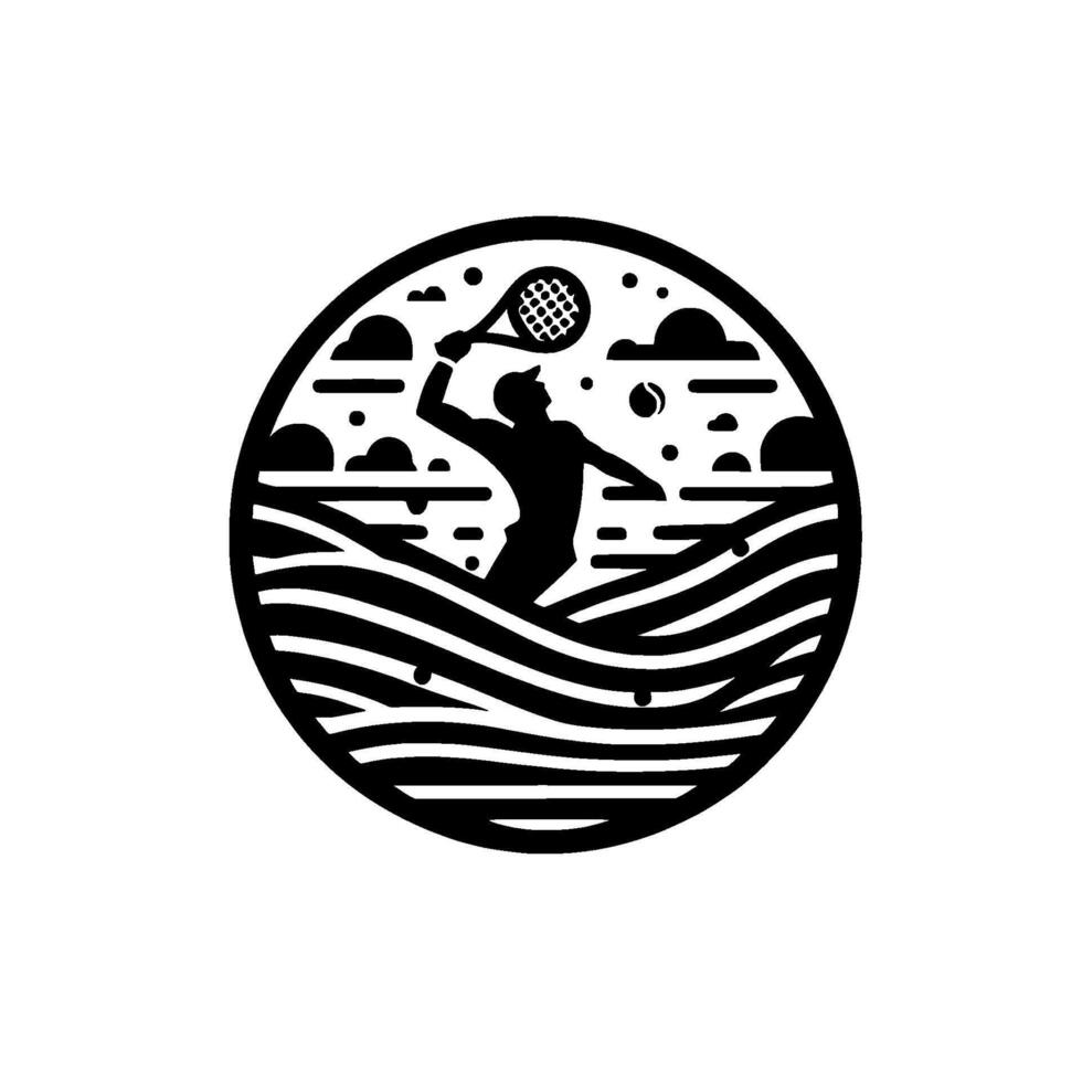 Silhouette Tennis Player Playing in the Waves Inside a Round Frame with Clouds and Balls, Black and White Art. vector