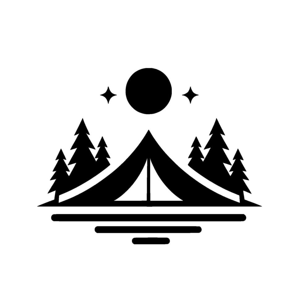 Minimalist Black and White Camping Scene Tent, Pine Trees, Moon and Stars, on a simplified lakeside, illustration. vector