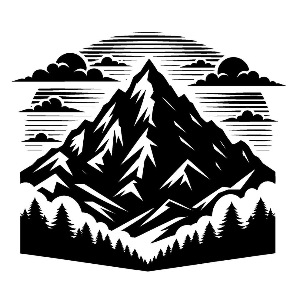 Bold Black and White Illustration of a Majestic Mountain Range Under a Striped Sun with Clouds and Evergreen Trees in the Foreground. vector