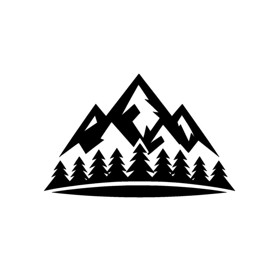 Geometric Black and White Mountain Range Silhouette with Pine Trees at the Base, Minimalist Nature . vector