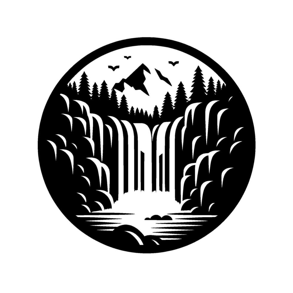 Circular Black and White Illustration of a Majestic Waterfall cascading down, framed by lush Pine Trees, Mountain backdrop, and circling border. vector