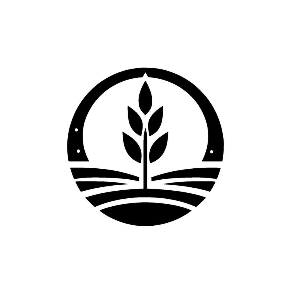A minimalist of a stylized plant growing from a field, encompassed by a circular frame with dot details, in black and white. vector
