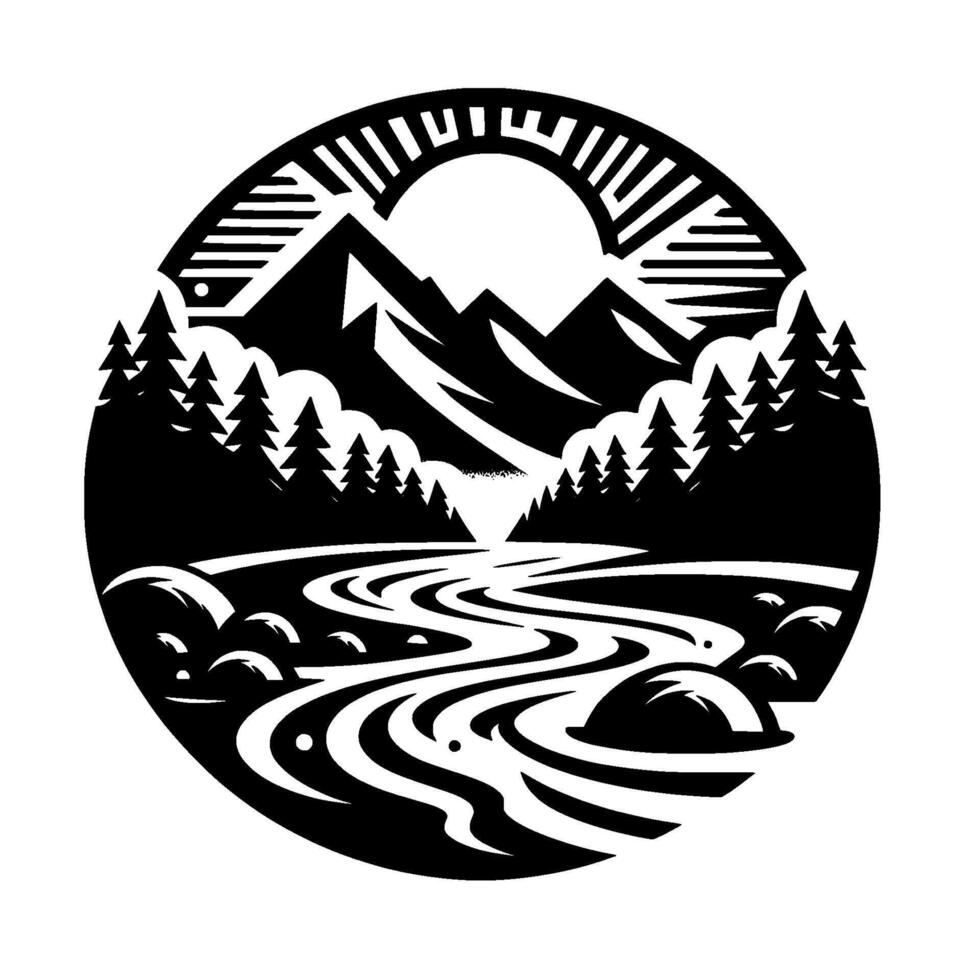 Black and white stylized circular landscape featuring mountains, a river, trees, and a symbolic sun, evoking a sense of tranquility. vector