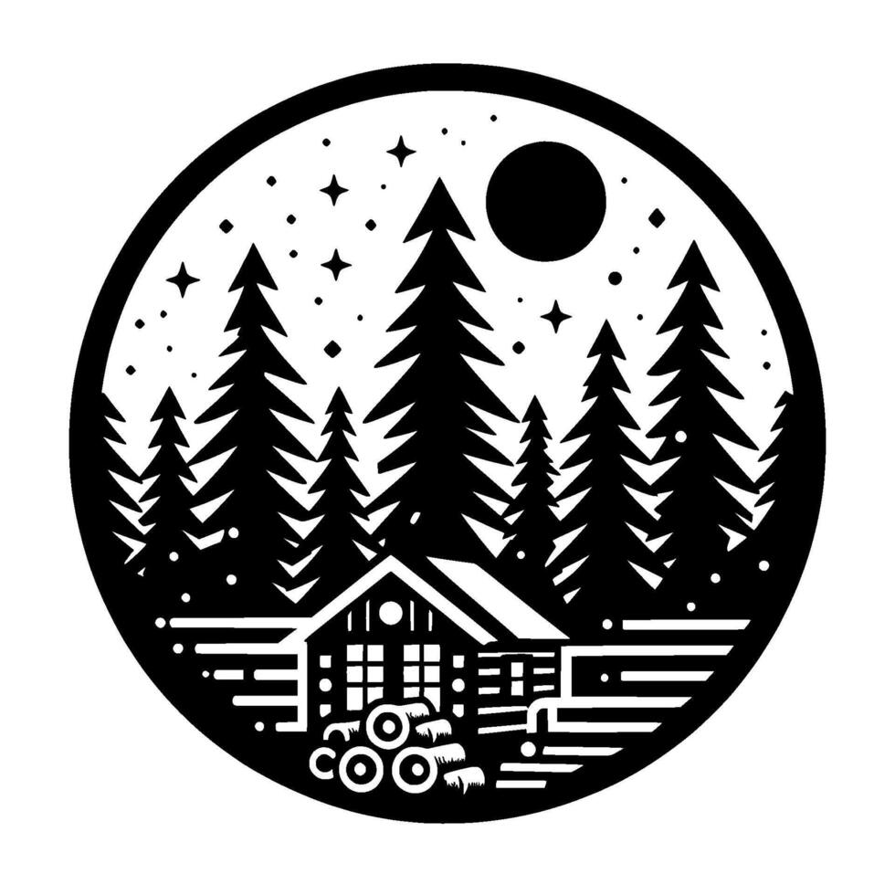 Black and White Circular Silhouette of a Cabin in a Pine Forest Under a Starry Night Sky, Moonlight Illuminating the Scene. vector