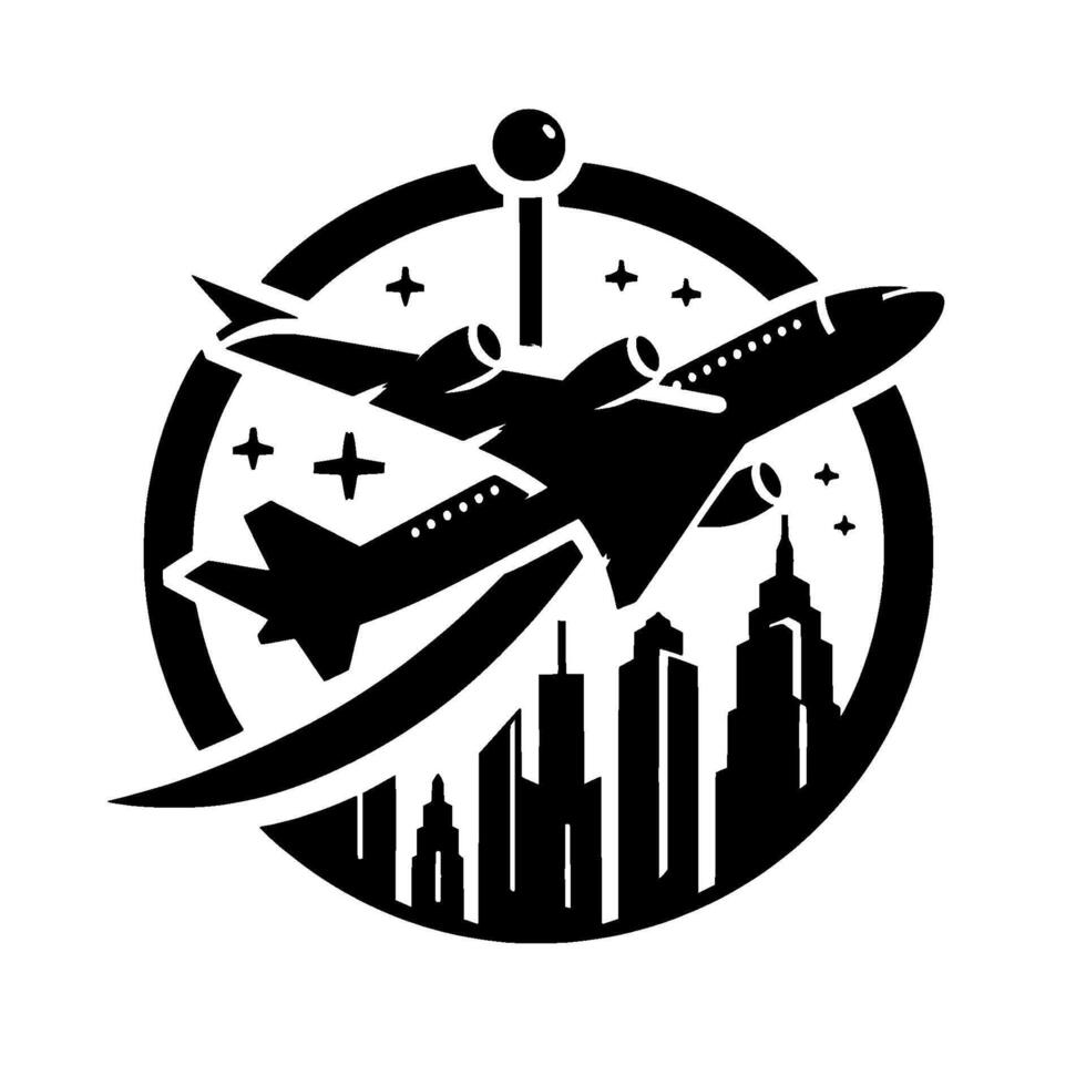 Silhouette of Airplane Flying Over City Buildings Enclosed in Circular Frame with Navigation Elements, Black and White Art. vector