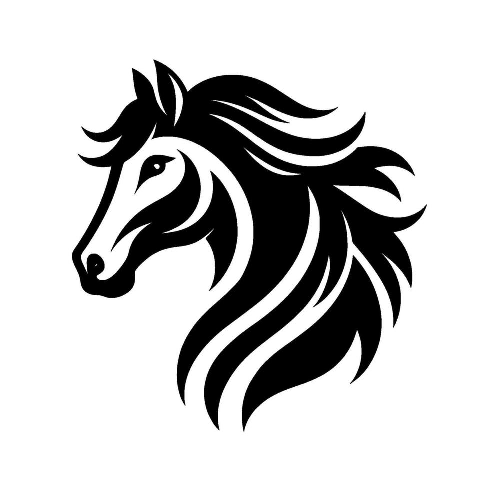 Black and White Horse Head Silhouette Graceful Profile with Flowing Mane, Elegant and Striking on White Background. vector