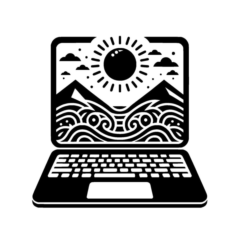 Minimalist Black White Laptop Depicting Scenic Mountains, Sun, Waves, and Clouds, Illustrating Digital Nature. vector