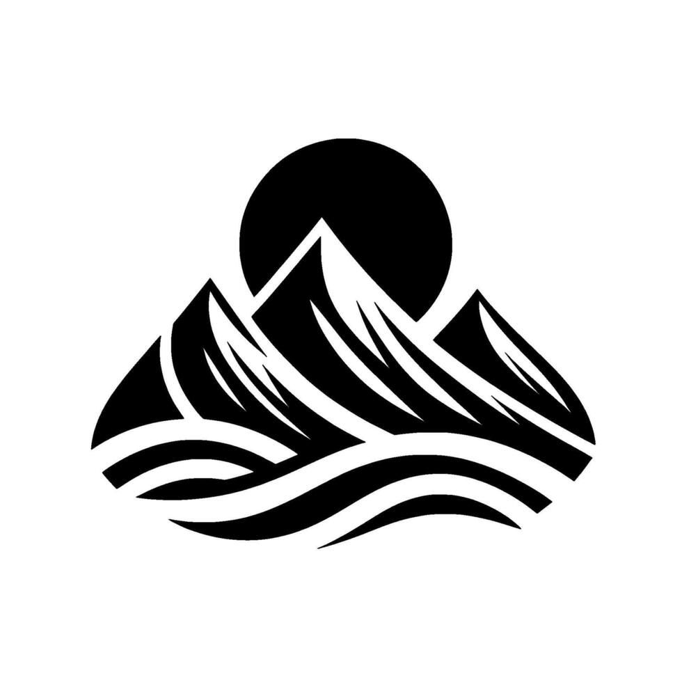 Stylized Black and White Mountain Landscape with Rising Sun, Minimalist . vector