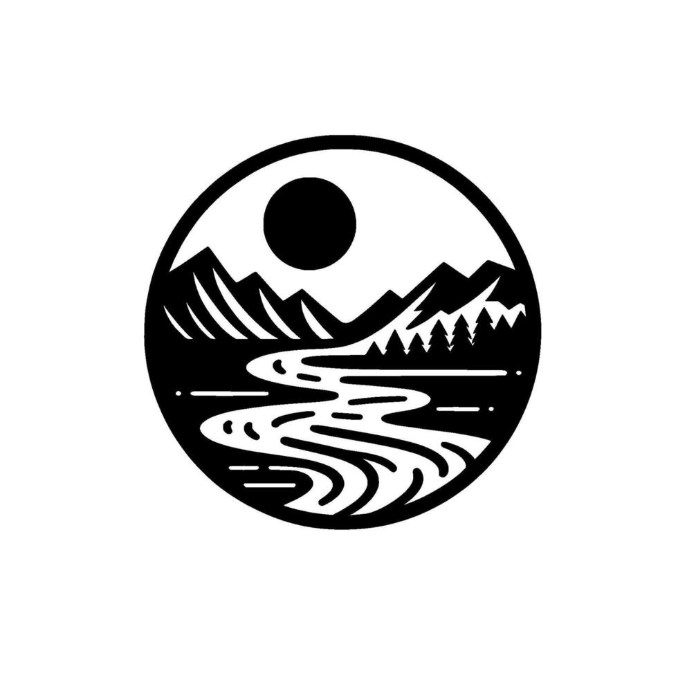 Monochromatic Circular Emblem Mountains, River, Sun, and Trees in a Scenic Landscape Illustration. vector
