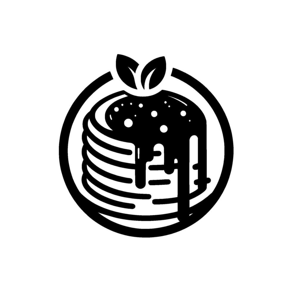 Black and White Illustration of SyrupDrenched Pancakes with Leafy Garnishes in a Circular Frame. vector