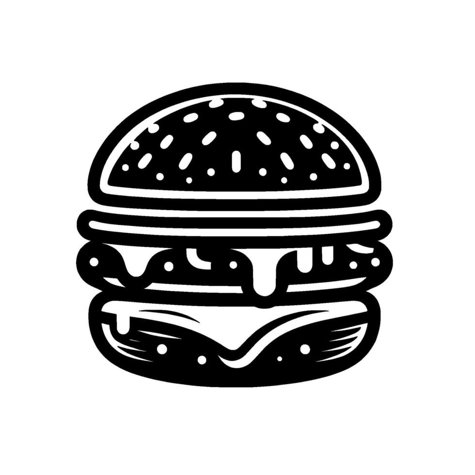 Bold Black White Illustration of a Classic Hamburger, Featuring Detailed Lines, Dripping Cheese, and Sesame Seeds, on a Clean White Background. vector