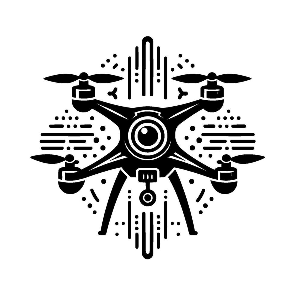 Monochromatic Geometric Drone with Propellers, Camera, and Abstract Decorative Elements. vector