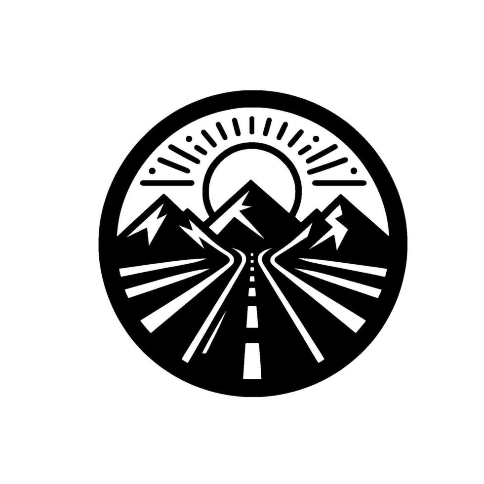 Black and white minimalist circular Mountain silhouette with road leading into sunset or sunrise. Adventure, journey, outdoors. vector