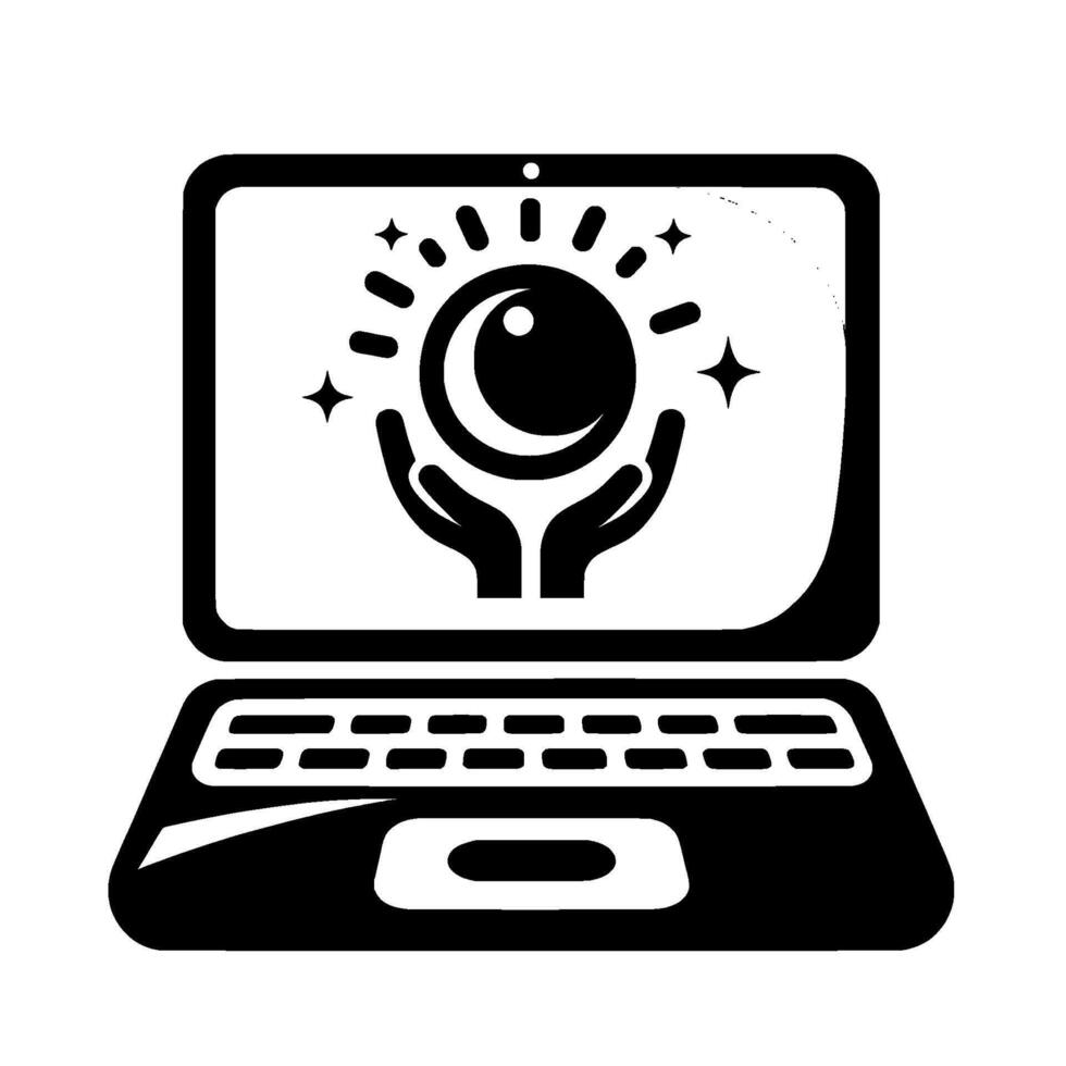 Symbolic Laptop with Celestial A Crescent Moon, Sun Stars Held in Hands, Represents Modern Intuition, Technology Cosmic Connection. vector