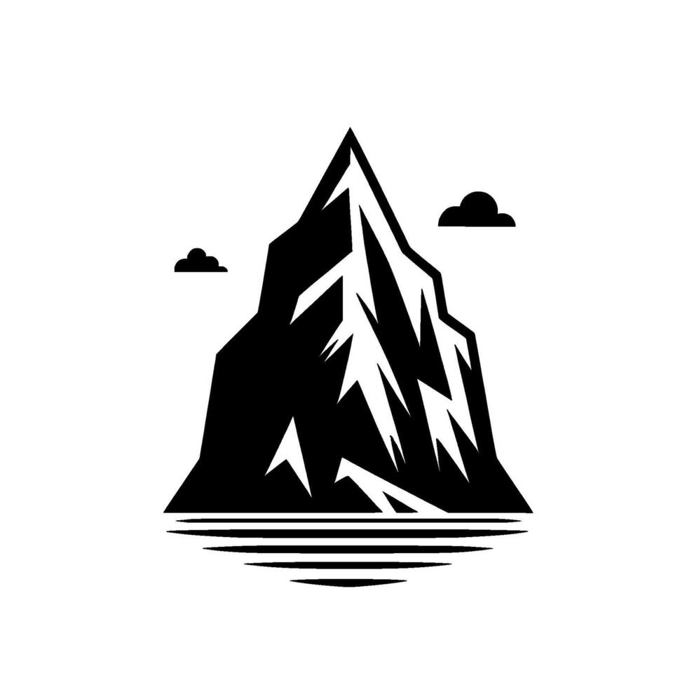 Minimalist Black and White Mountain Landscape with Geometric Forms, Reflecting in Calm Waters Under a Cloudy Sky. vector