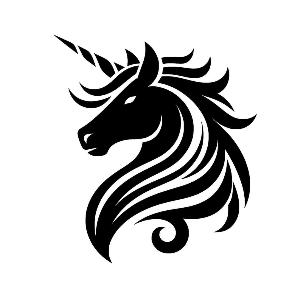 Elegant Black and White Unicorn Head Silhouette with Flowing Mane and Horn, Concept on White Background. vector