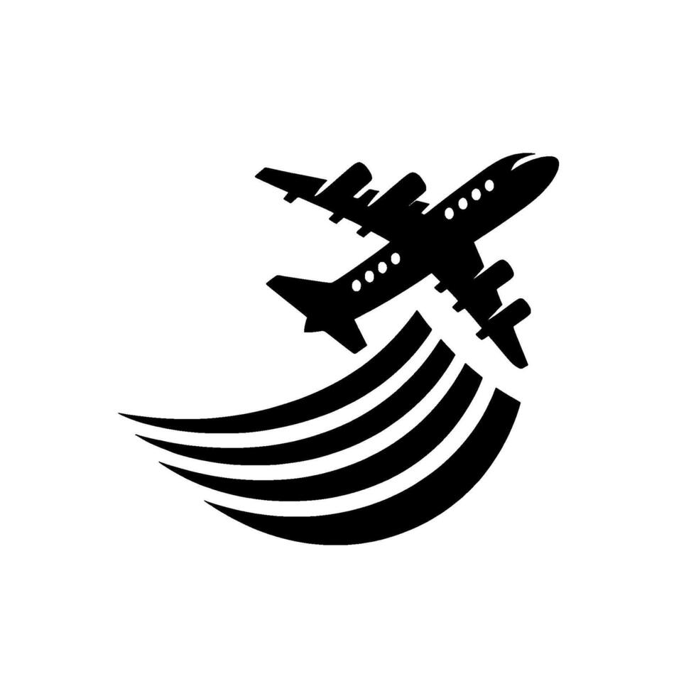 Black Silhouette Airplane Taking Off with Flight Trails on White Background, Minimalist . vector
