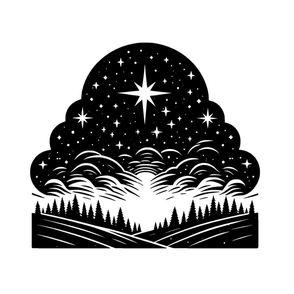 Silhouetted night landscape with a starfilled sky, layered clouds, and evergreen trees in black and white. vector