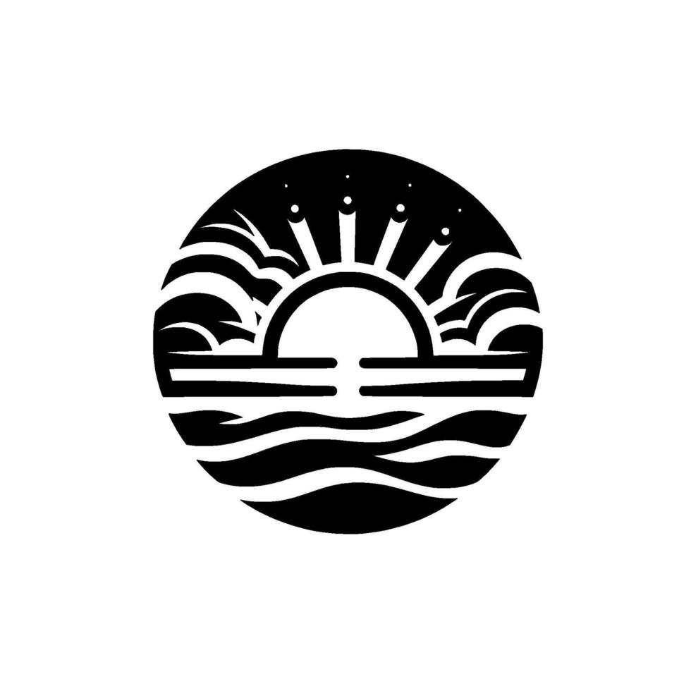 A stylized black and white circular emblem depicts sunrise over ocean waves, adorned with stars, clouds, and a minimalist . vector