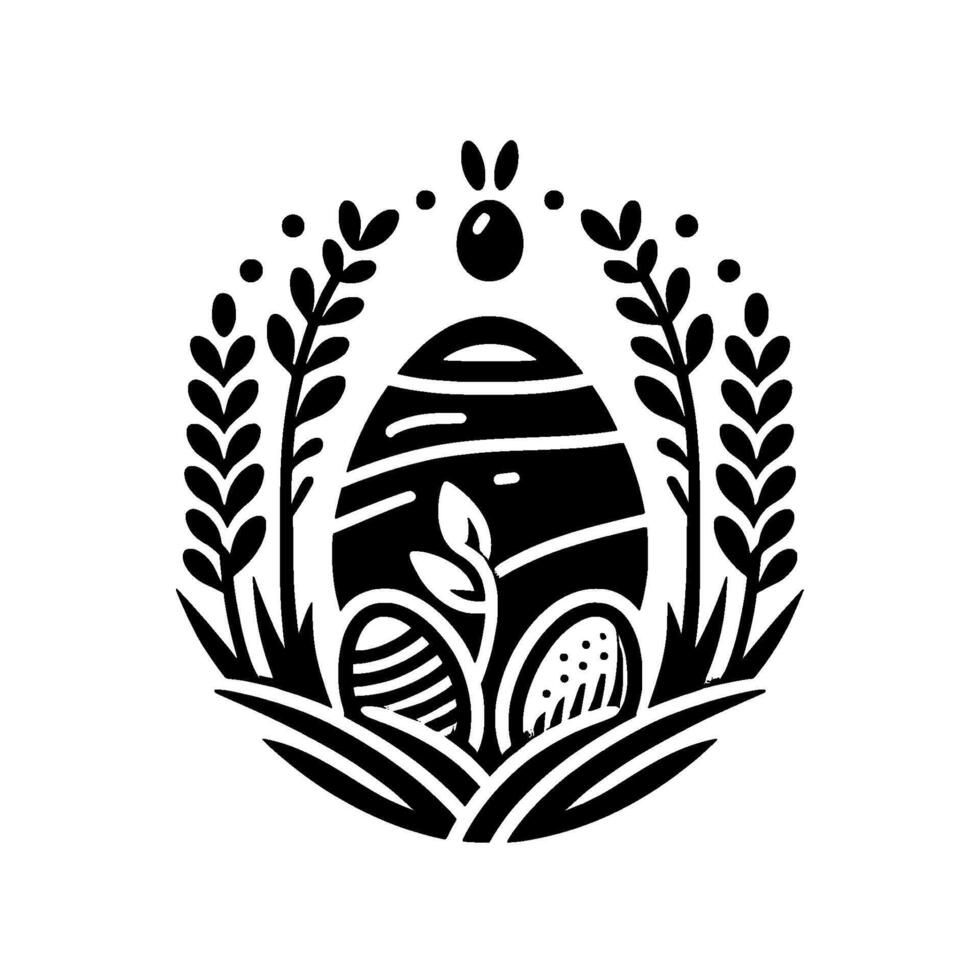 Stylized Black and White Easter Illustration Eggs in a Nest with Foliage, a Cute Bunny Above, and a Minimalist vector