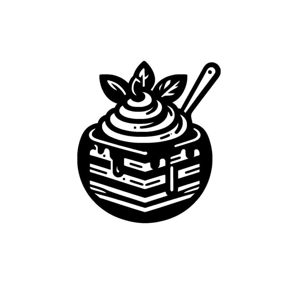 Artistic monochrome illustration of a layered dessert adorned with whipped cream, mint leaves, and chocolate drizzle, featuring a spoon, presented against a simple white backdrop. vector