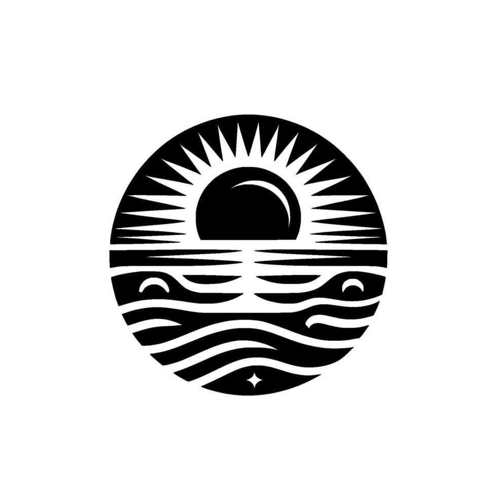 A minimalist circular black and white illustration of the sun setting over a wavy ocean, with a stylized star below. vector