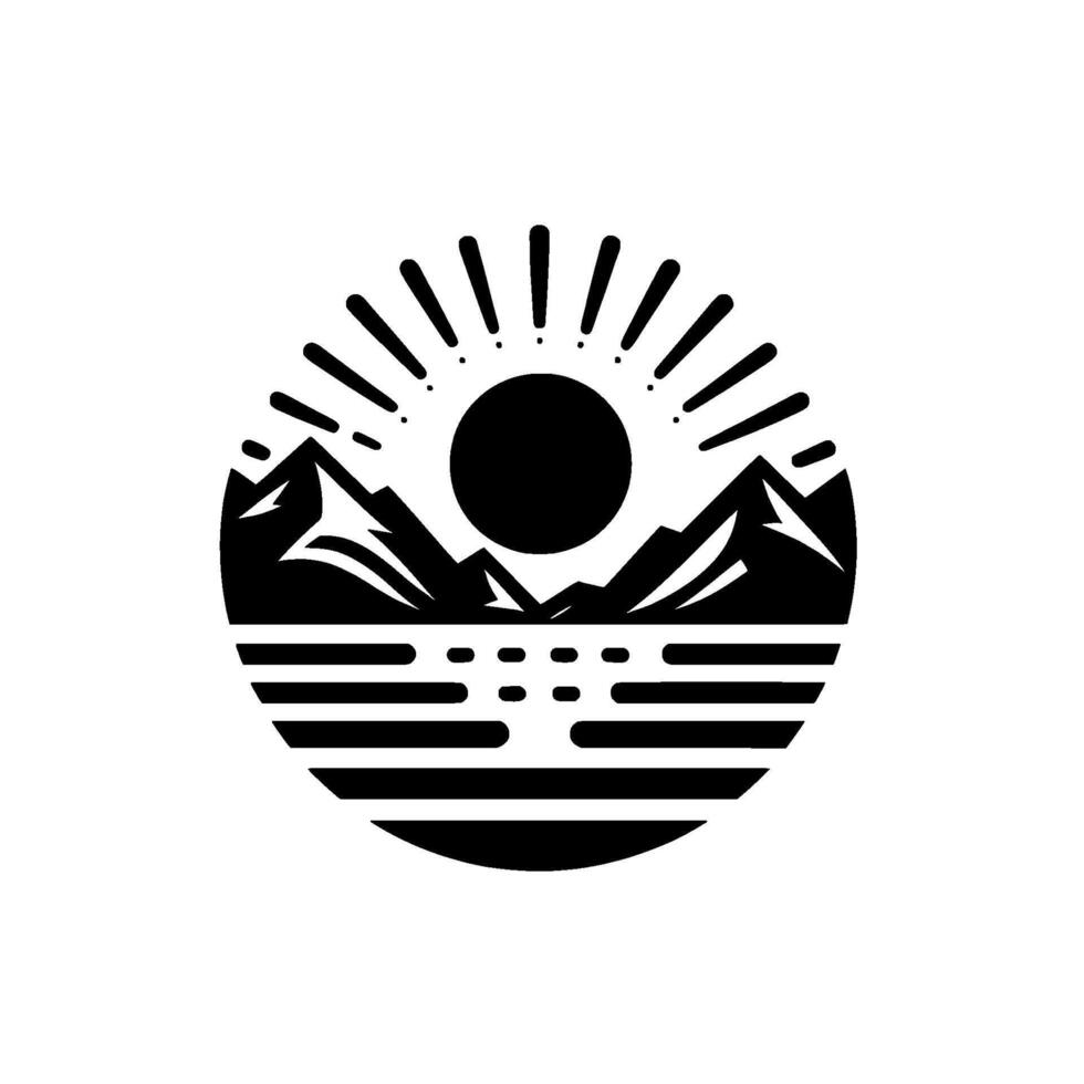 Black and white circular featuring mountains, a lake, and a sun with rays, evoking tranquility and nature. vector