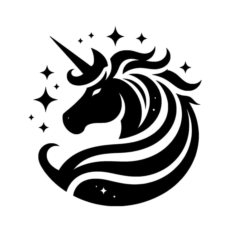 Graceful Black Unicorn with Starry Embellishments, Silhouetted, on a Pure White Background, Artistic and Mystical. vector