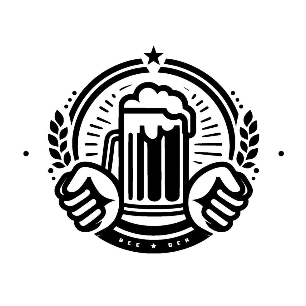 Black and white beer , featuring a frothy beer stein cradled by two stylized fists, surrounded by a laurel wreath and a star, with the word BEER. vector