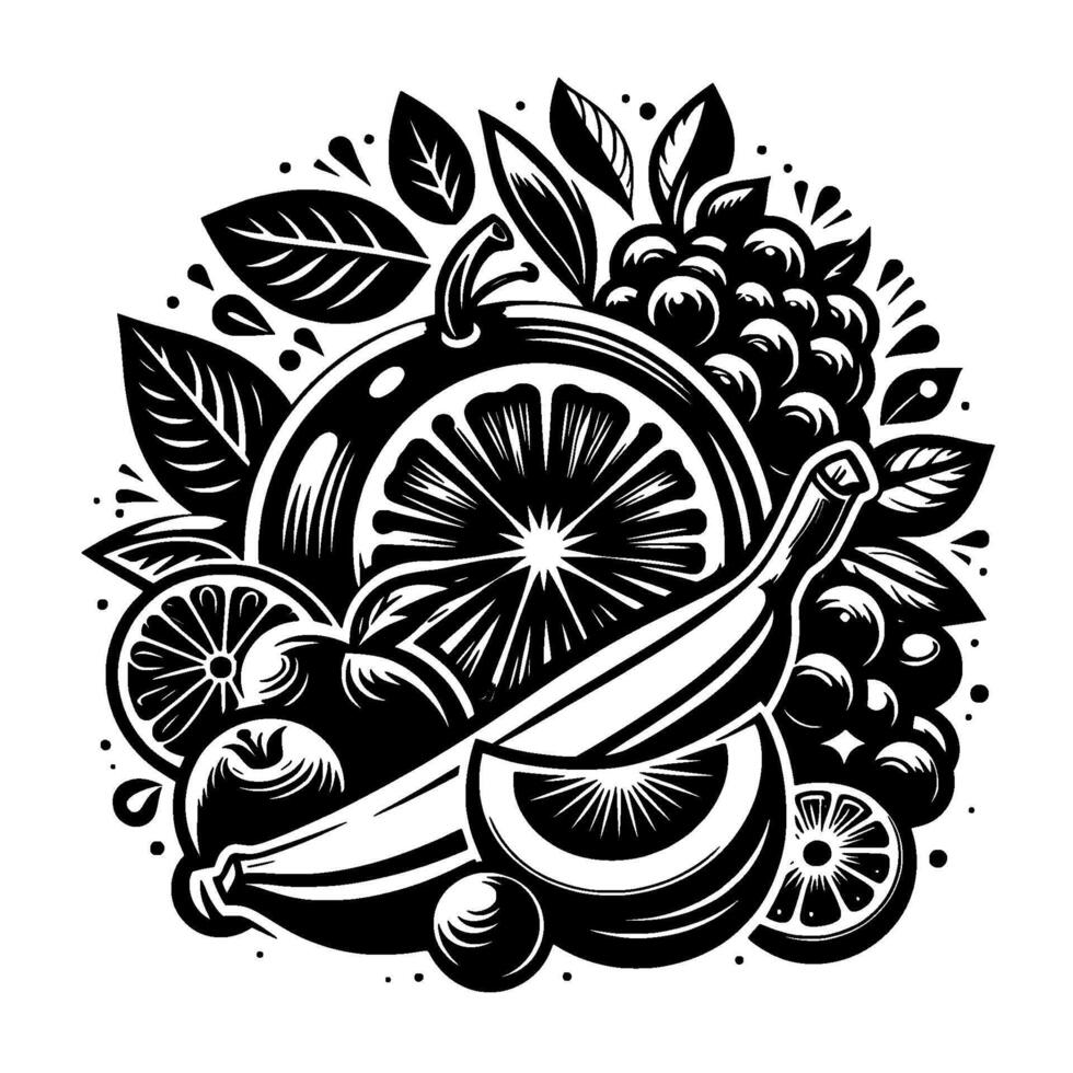 Intricate black and white fruit illustration with orange, grapes, banana, lemon and leaves. vector