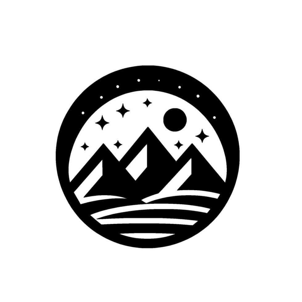 Circular Black and White Emblem Mountain Peaks under a Starry Night Sky, with Moon and Water Elements, Nature . vector