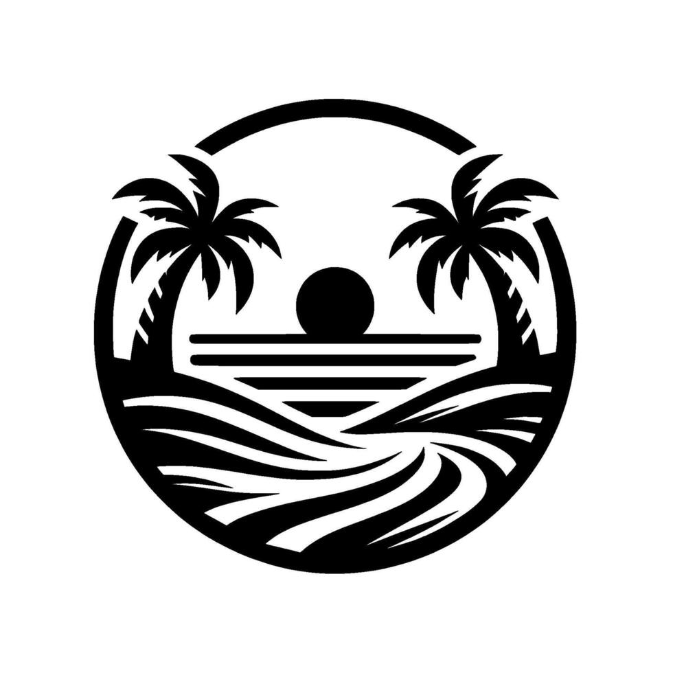 Black and white circular of a tropical sunset scene featuring palm trees, ocean waves, and the sun. vector
