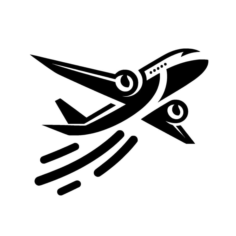 Sleek black and white stylized airplane , taking off with motion trails, minimalistic on a white background. vector