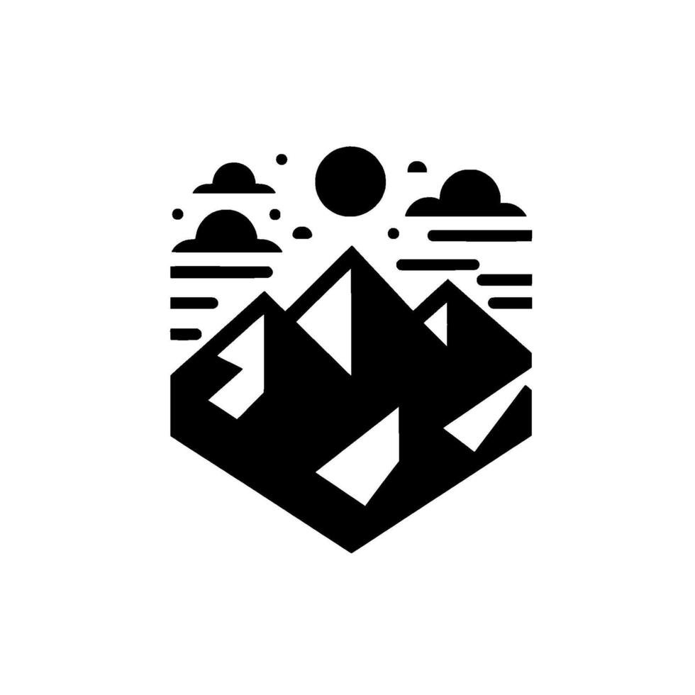 Minimalist black and white mountain and sun scene, geometric , stylized landscape within an angled hexagon shape, simple aesthetic. vector