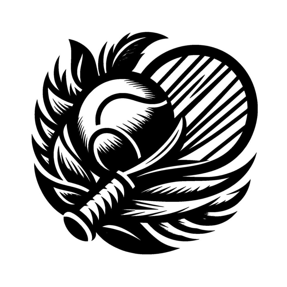 Artistic Black and White Tennis Emblem Featuring a Ball, Racket, and Decorative Leaf Accents in a Circular Composition vector