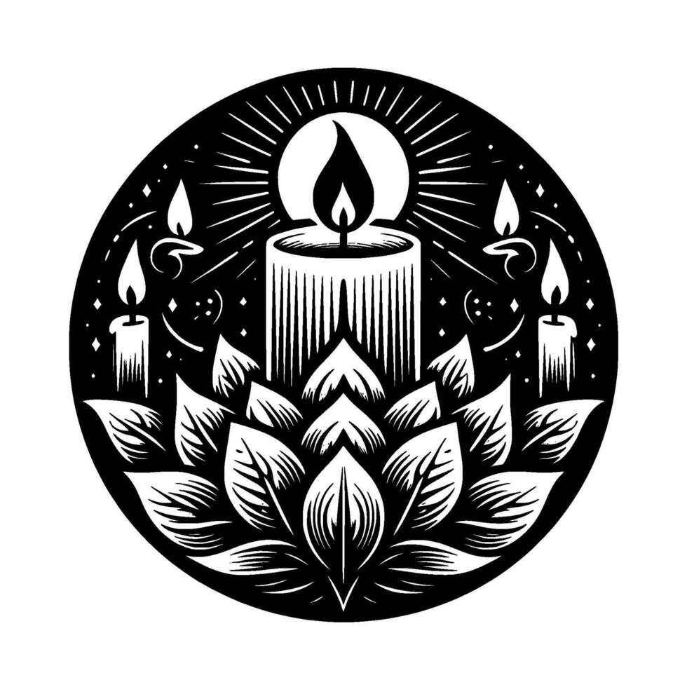 Mystical Black and White Circular Mandala Depicting Lit Candles, Floral Lotus Base, and Radiant Light. vector