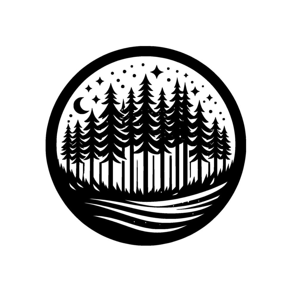 Black and white circular minimalist illustration Pine forest silhouette under a starry, crescent moon night sky, stylized , evoking natures beauty. vector