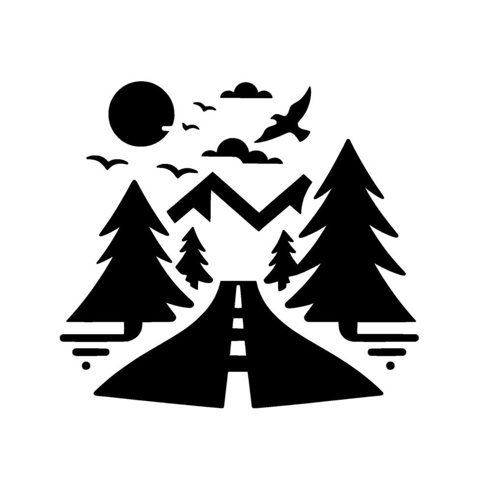 Black and White Illustration of a Road Through a Forested Mountain Landscape with Birds and Sun. vector