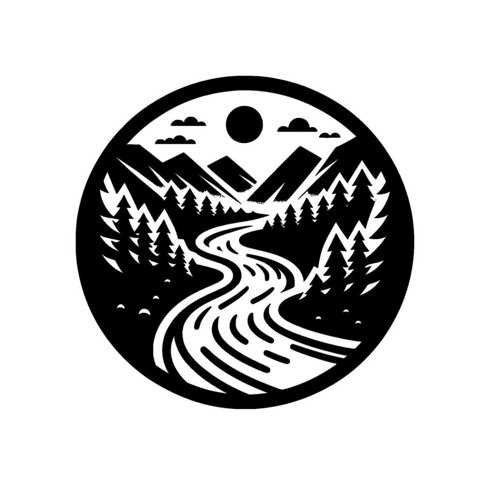 A stylized blackandwhite circular landscape featuring mountains, a winding river, pine trees, sun, clouds, in a minimalist aesthetic. vector