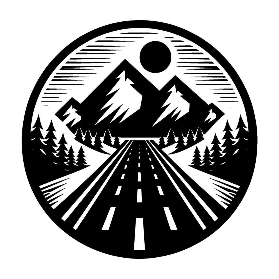 A circular black and white illustration of a mountain landscape featuring a road leading toward peaks, trees, and a sun. vector