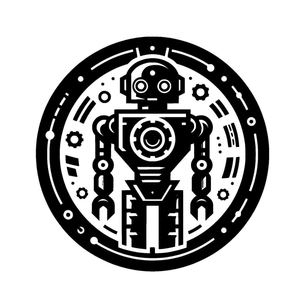 Black and White Robot Illustration Within a Circular Frame Emphasizing Mechanical and Futuristic Aesthetic vector