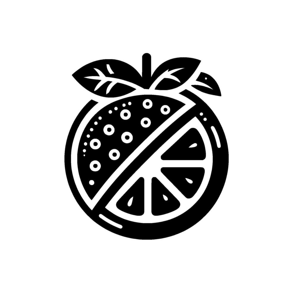 style stylized orange slice with leaves and stem, featuring dot and line details, black on a white background. vector