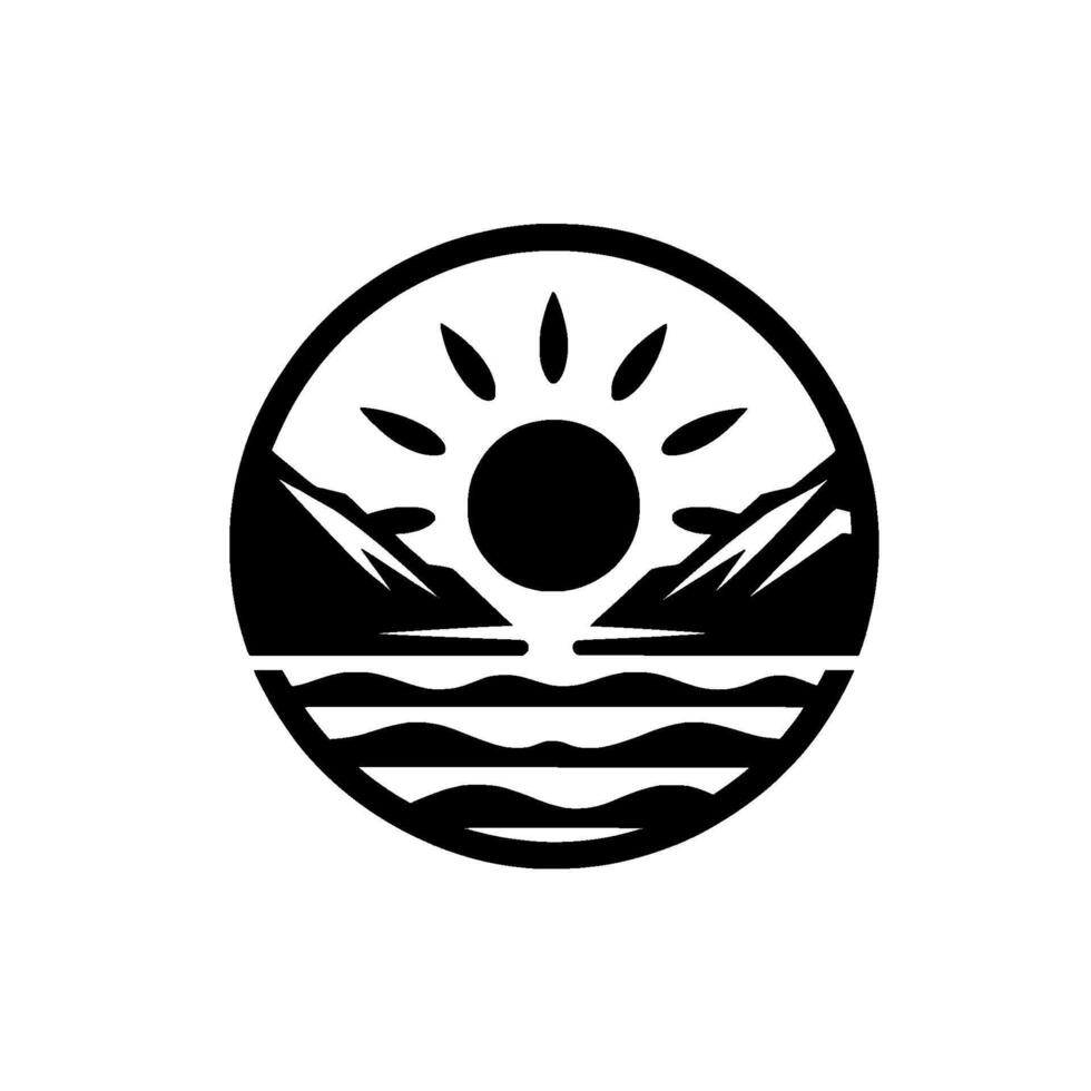 Black and white circular mountains, sun with rays over water, minimalist , nature scene. vector