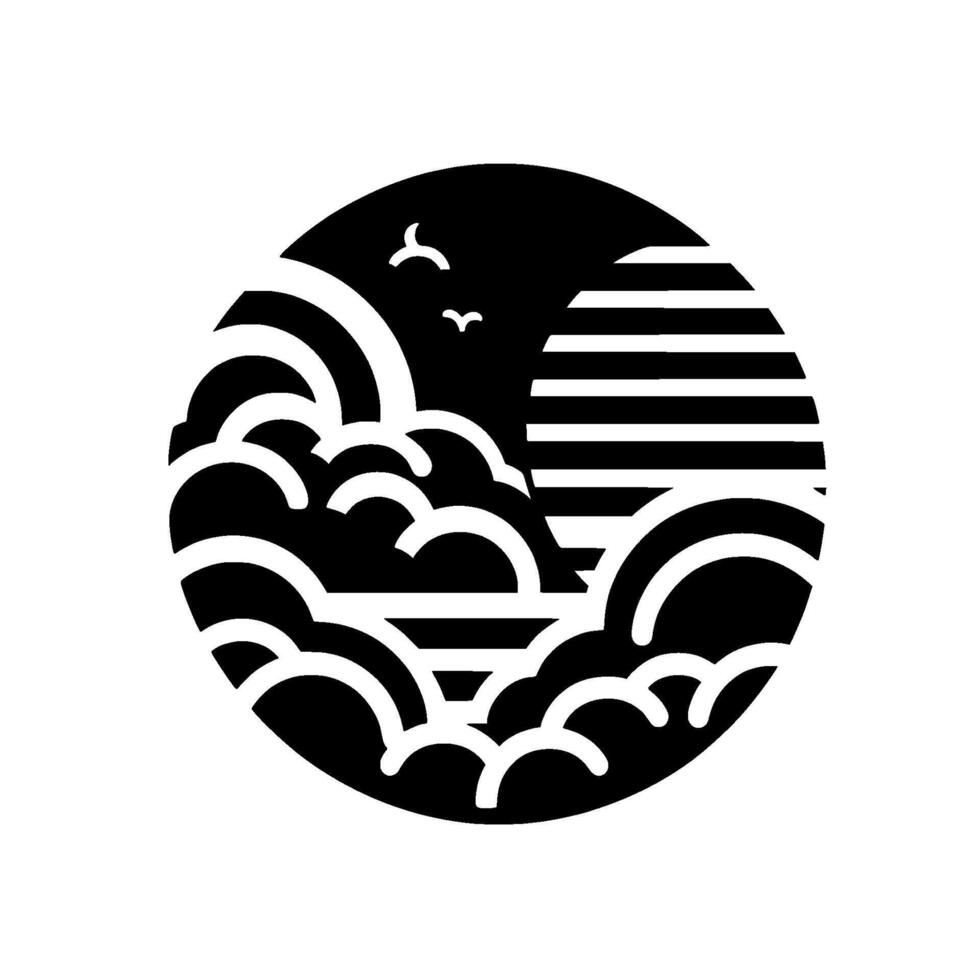 Minimalist black and white circular of a seascape clouds, sun, and birds in a stylized illustration. vector