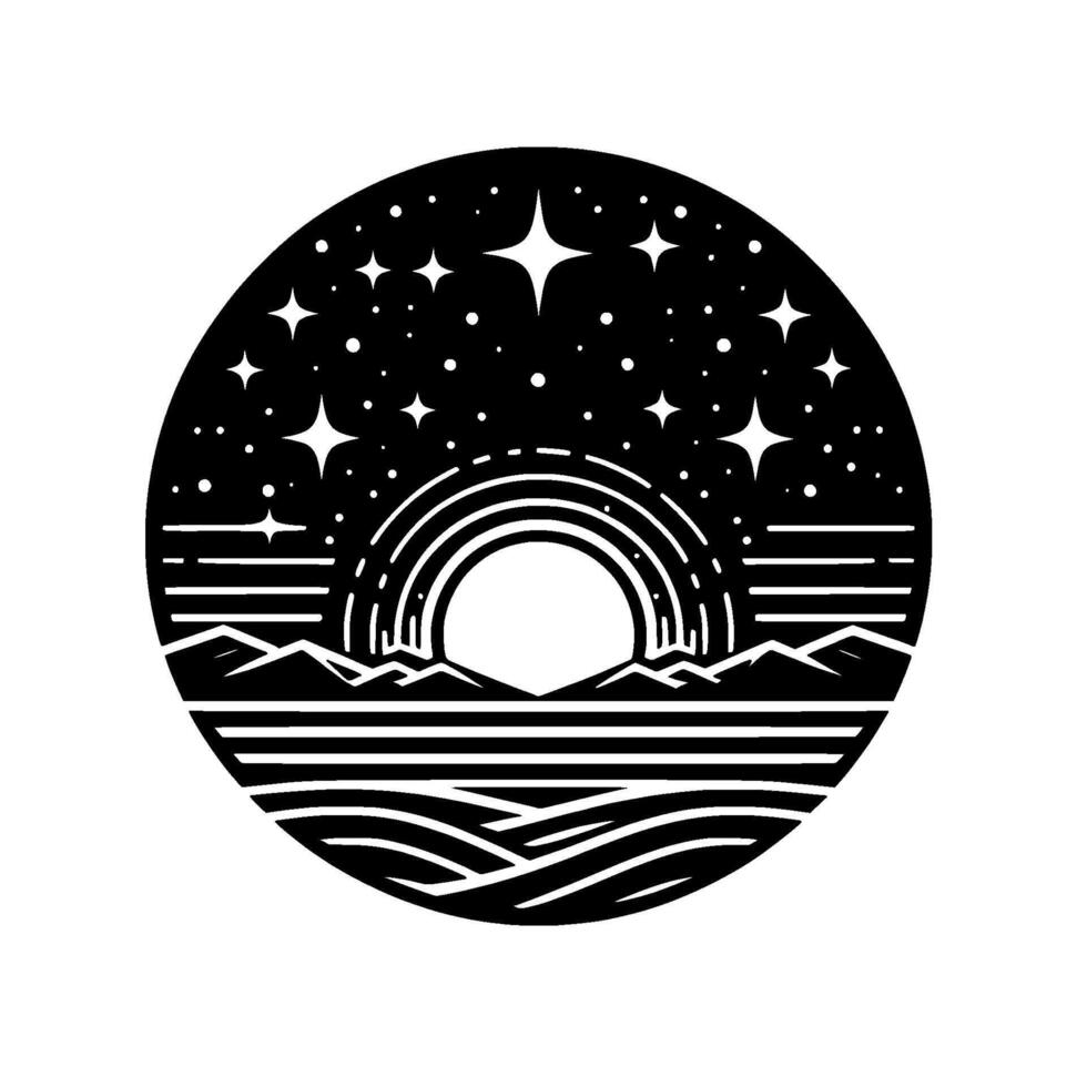 Minimalist Black White Circular Illustration Landscape Under a Starry Sky, Mountains, Rainbow, and Water. vector