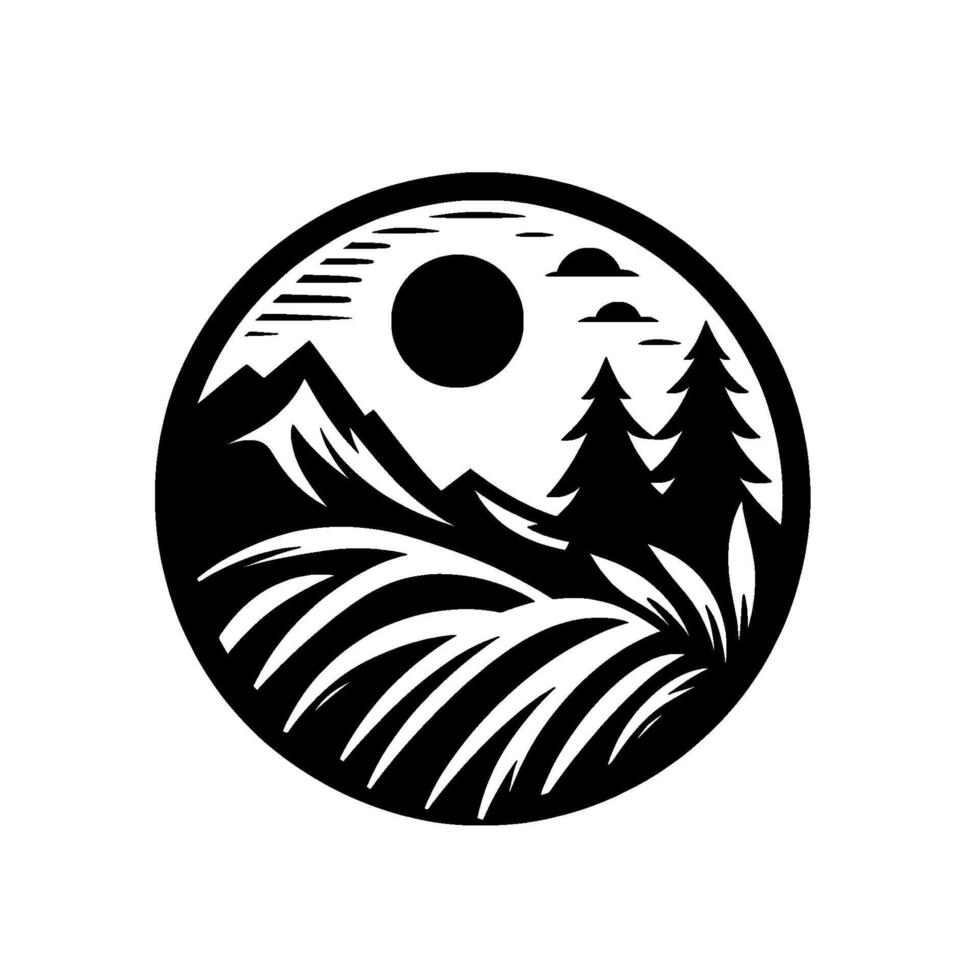 Black and White Circular Scenic Landscape Silhouette Mountains, Trees, Sun, Clouds, and Grass in a NatureInspired Composition. vector